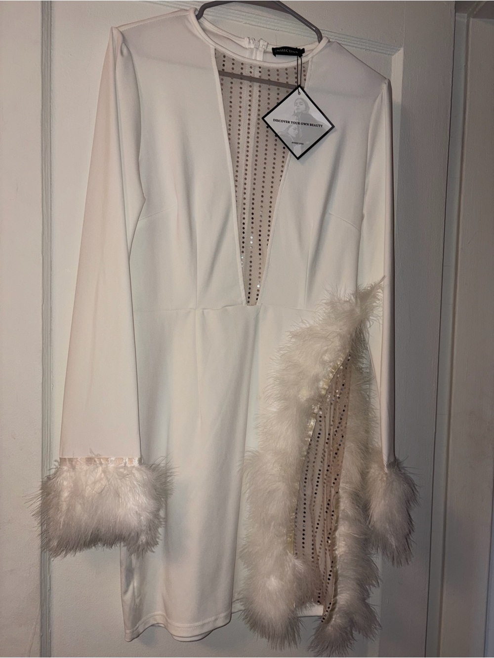 White Party Dress Long Sleeve with Feather and Mesh Accents